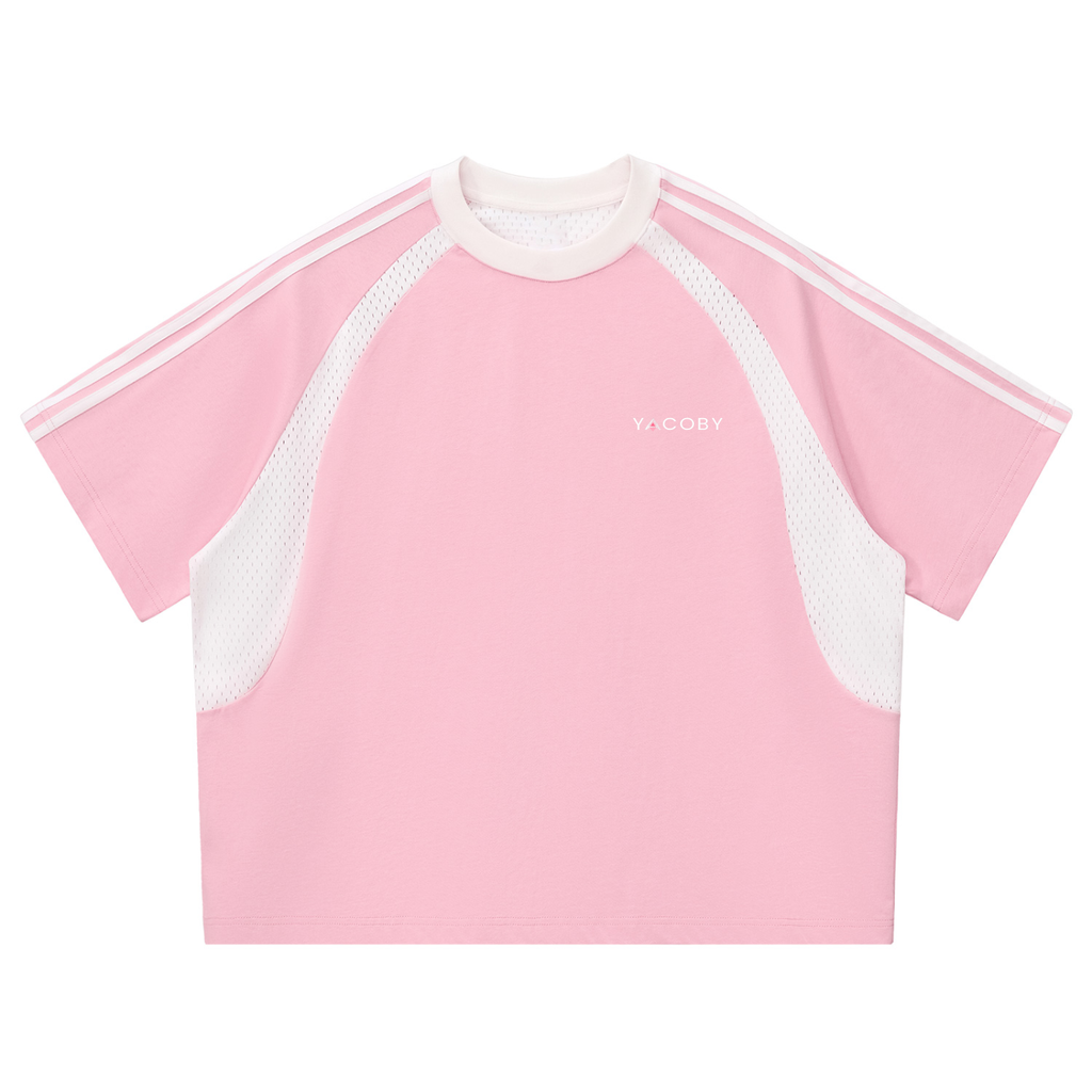 Yacoby Pastel Pink Stripes Panel Mesh T-shirt